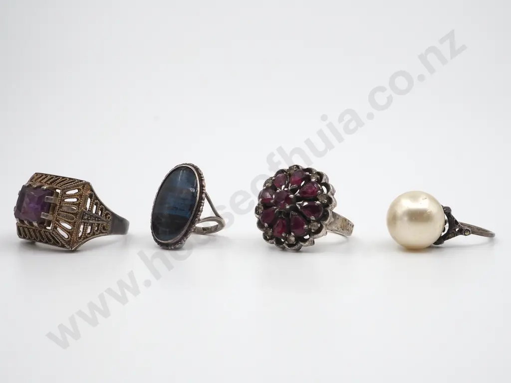 Four Sterling Silver Rings, One Pearl, Purple Stone, Butterfly Wing & Red Stone Dress Ring  Image 1++