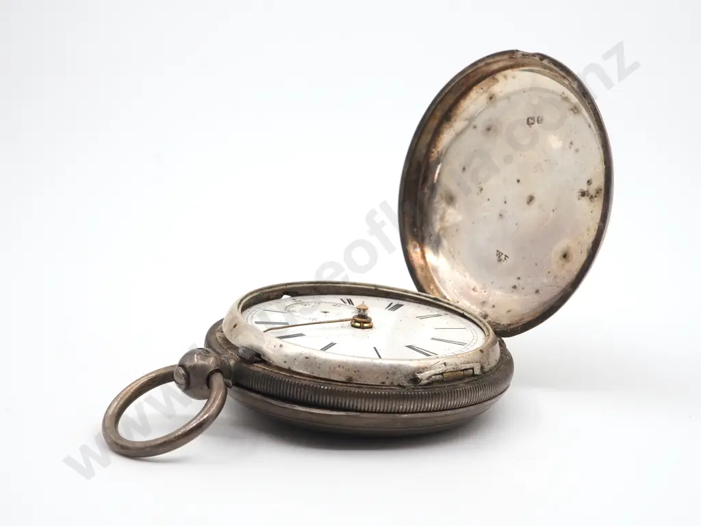 Textured Sterling Hunter Pocket Watch w Crest Image 1++