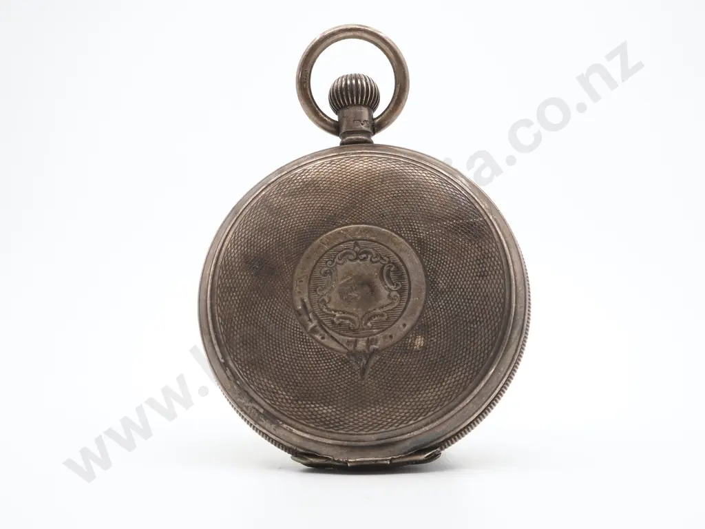 Textured Sterling Silver Hunter Pocket Watch w Crest Image 1++