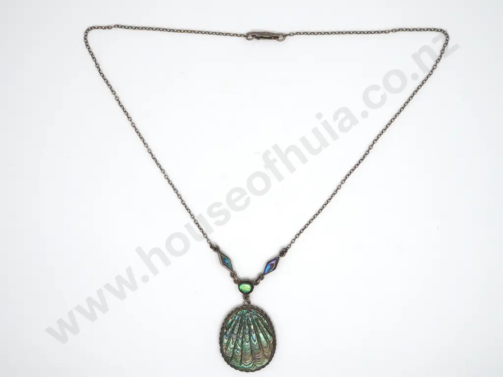Large Sterling Silver Paua Scollop Shaped Shell Pendant on Silver Chain Image 1++