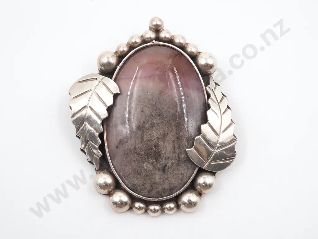 Sterling Silver & Stone Brooch w Fern Embellishments Image 1++