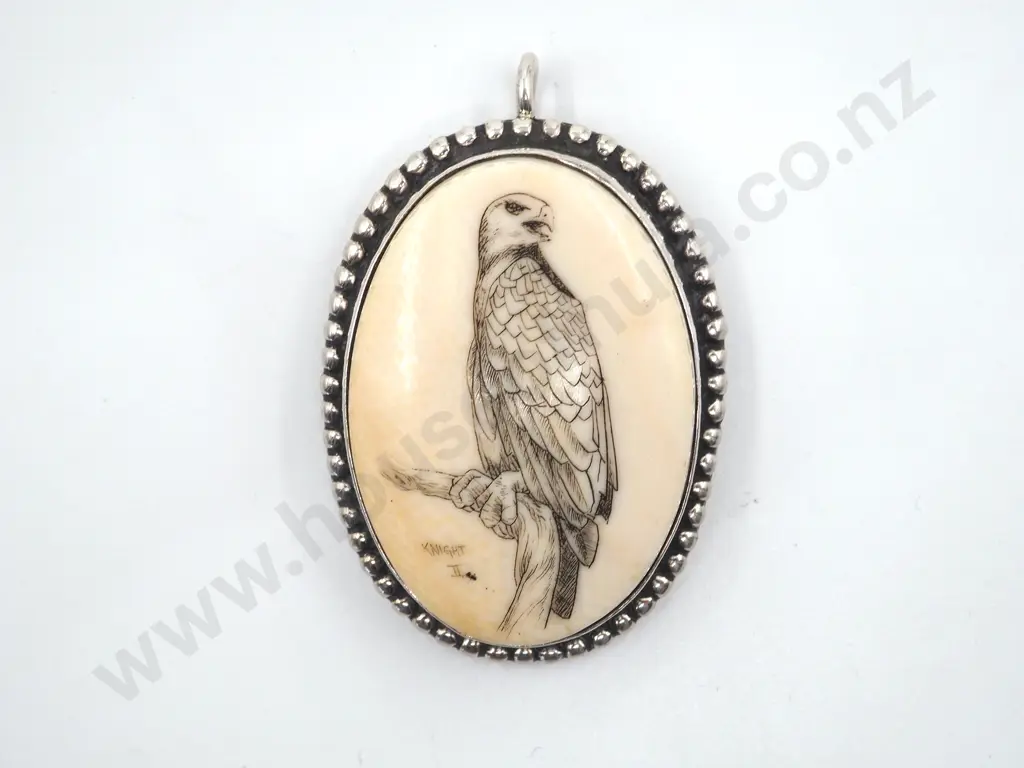 Oval Sterling Silver & Bone Pendant. The Oval Centre Engraved with a Bird on a Branch Image 1++