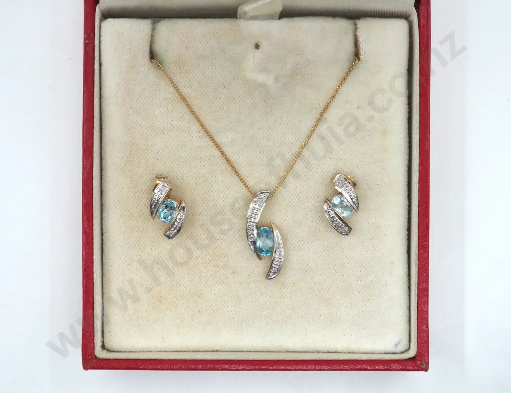 Cased Earring Necklace Set 9ct Gold & Gems Image 1++