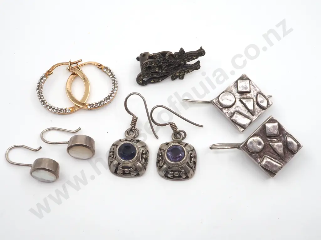 Five Sterling Silver Earrings - One Pair Gold Plated, Another Set w Purple Stones Image 1++