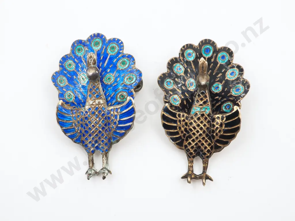 Pair of Sterling Silver & Peacock Brooches  Image 1++