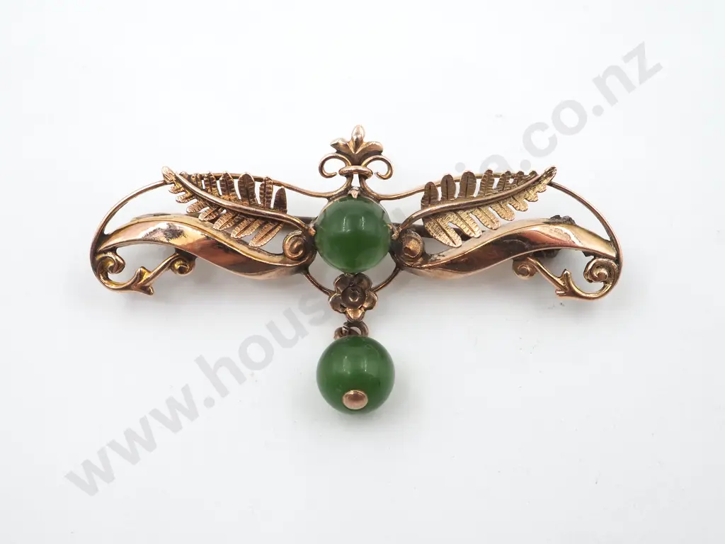 Antique New Zealand Colonial 9ct Rose Gold Fern & Greenstone Brooch Image 1++