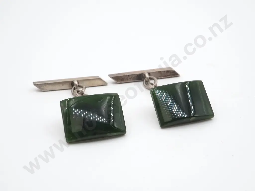 Pair of Sterling Silver & Greenstone Cufflinks  Image 1++