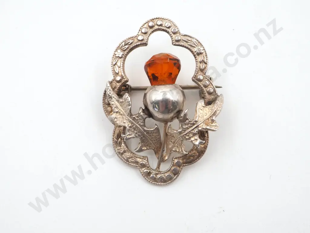 Vintage Sterling Silver Orange Thistle Brooch Image 1++