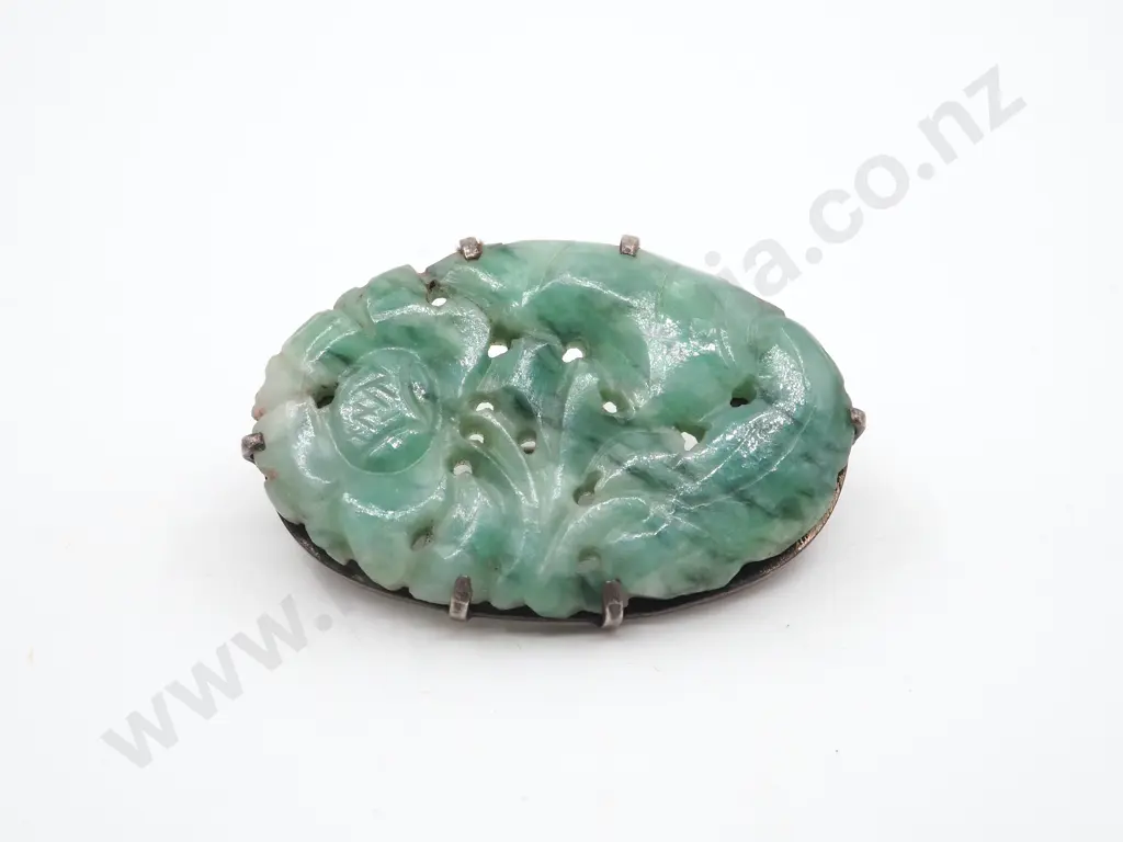 Sterling Silver Carved Jade Brooch Image 1++