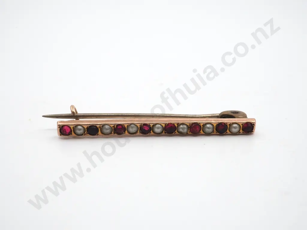 Antique 9ct Gold Seed Pearl & Red Gem Brooch Image 1++
