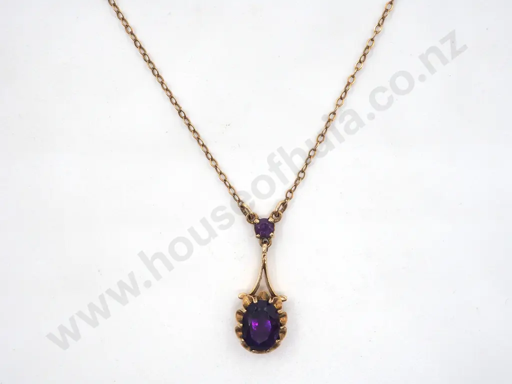 9ct Gold Amethyst Pendant w 9ct Gold Chain Image 1++