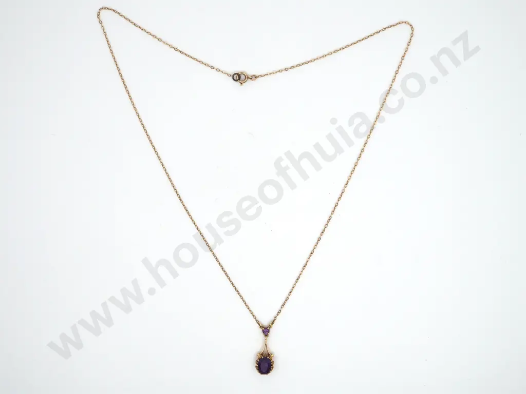 9ct Gold Amethyst Pendant w 9ct Gold Chain Image 1++