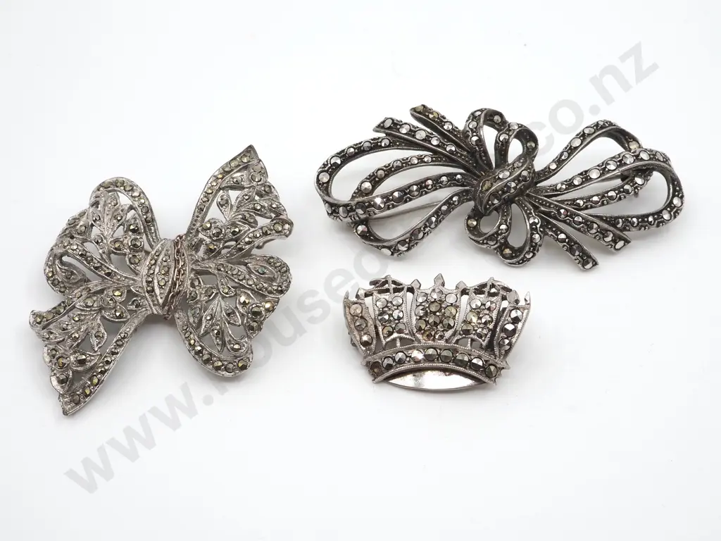 Three Sterling Silver & Marcasite Brooches Image 1++