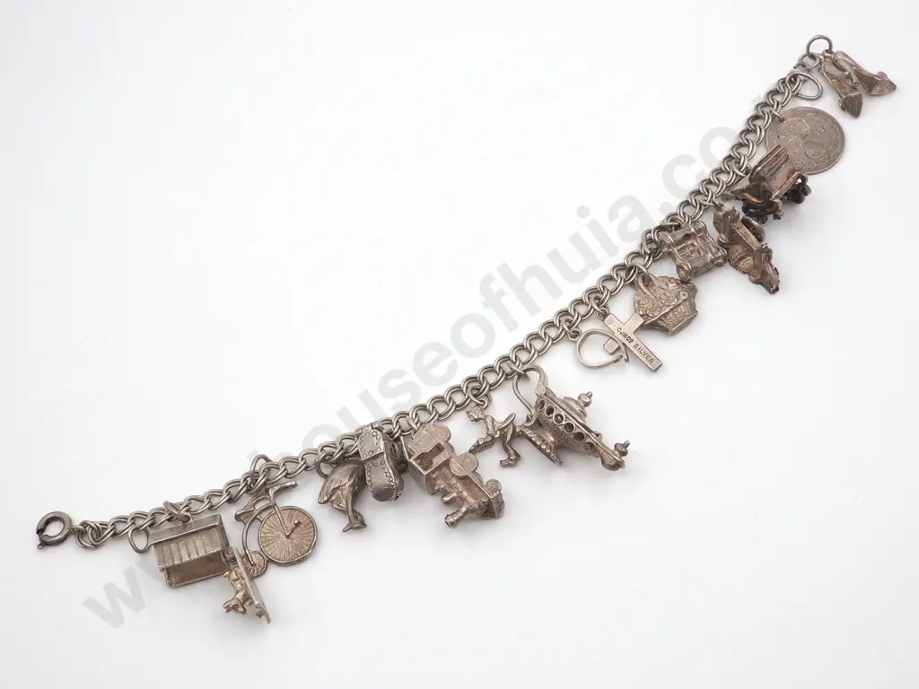 Antique Heavily Loaded Sterling Silver Charm Bracelet Image 1++