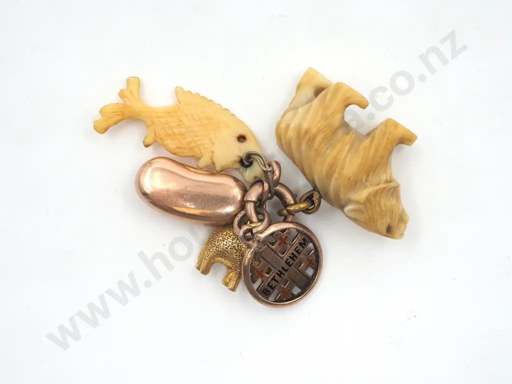 Antique 9ct Gold & Carved Bone Charm Pendant Image 1++