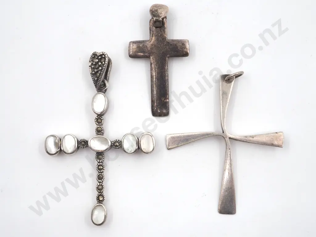 Three Sterling Silver Crosses. One Set with MOP Stones Image 1++