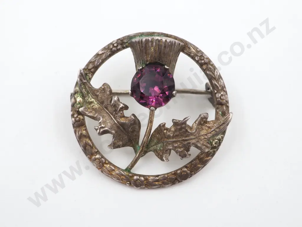 Vintage Sterling Silver Amethyst Thistle Brooch Image 1++