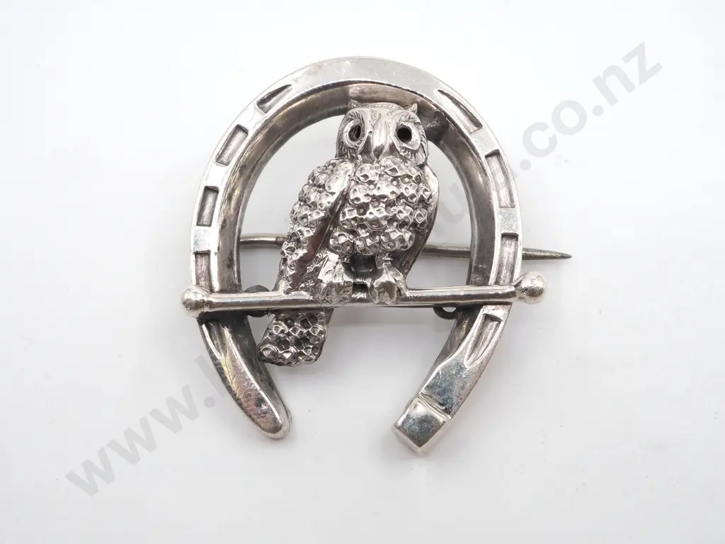 Sterling Silver Horseshoe & Owl Brooch Image 1++