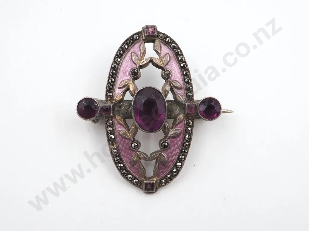 Ornate Guilloche Enamel & Sterling Silver Amethyst Brooch Image 1++
