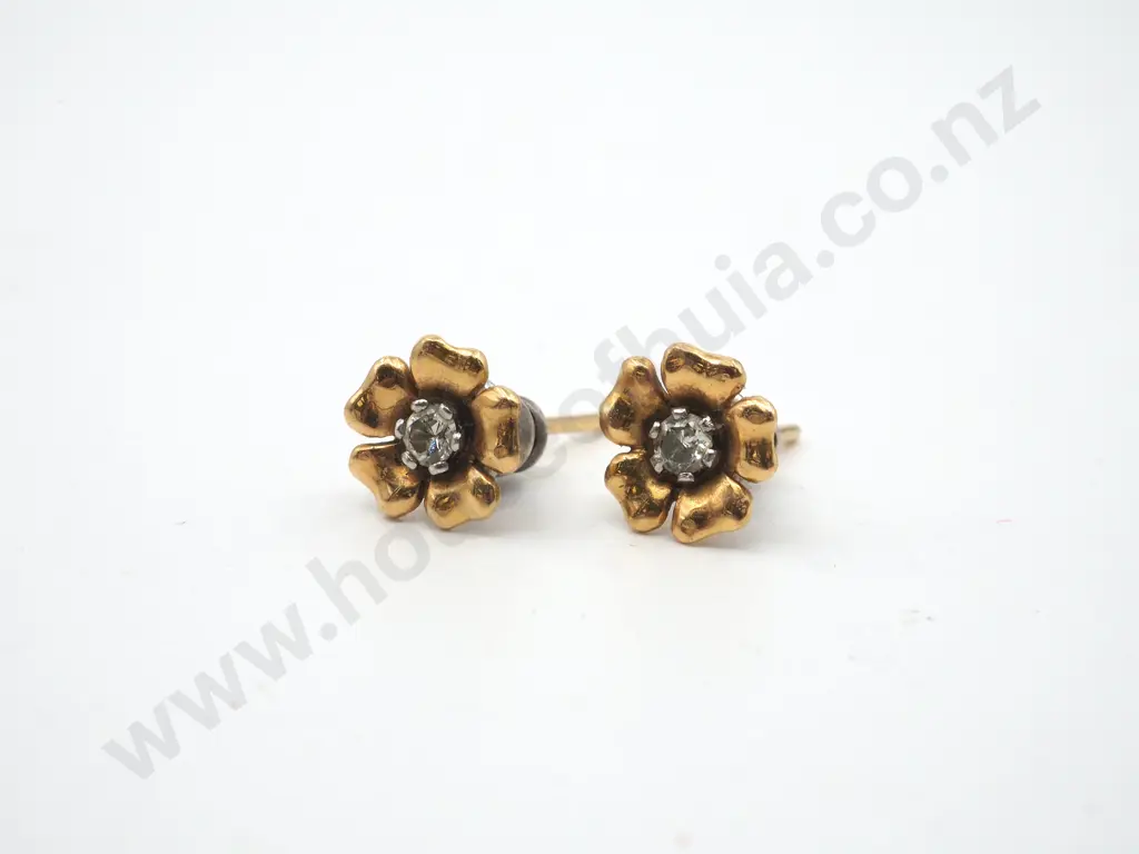 Pair Of 18ct Gold Floral Earrings with Central Diamonds Image 1++