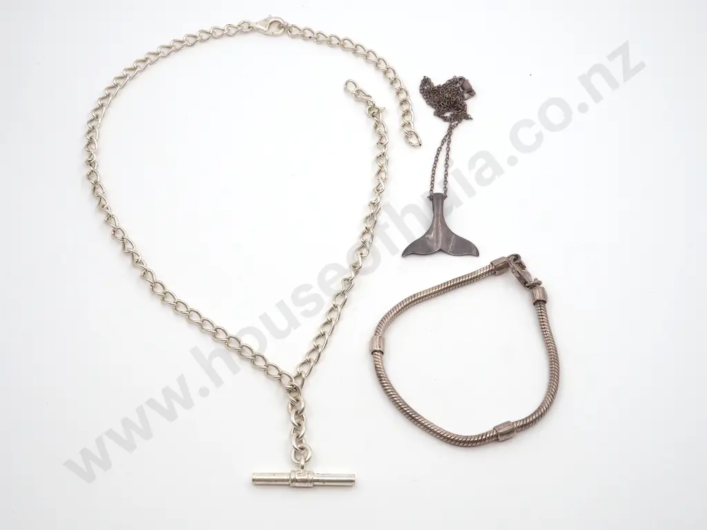 Sterling Silver Whale Tail Necklace, Modern Watch Chain & a Silver Bracelet for Charms  Image 1++
