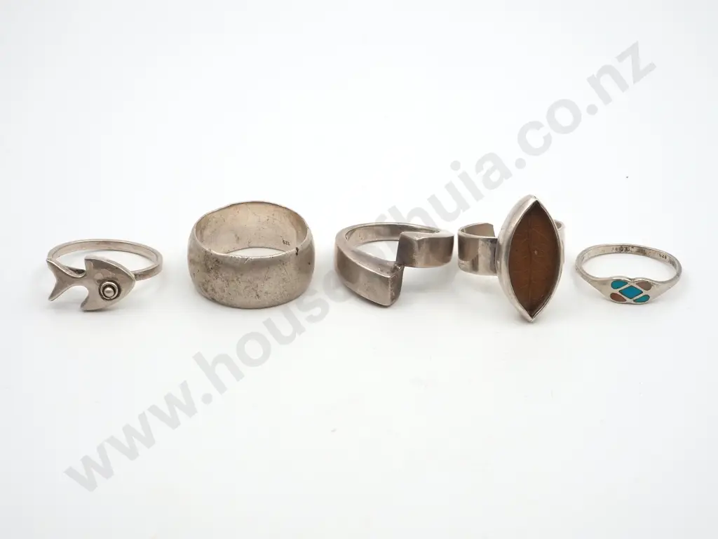 Five Sterling Silver Rings Including One with a Fish, Another Claddagh Ring Image 1++