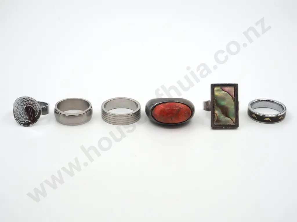 Five Sterling Silver Rings. One with a Paua Shell Inset & another with a Coral Coloured Stone  Image 1++