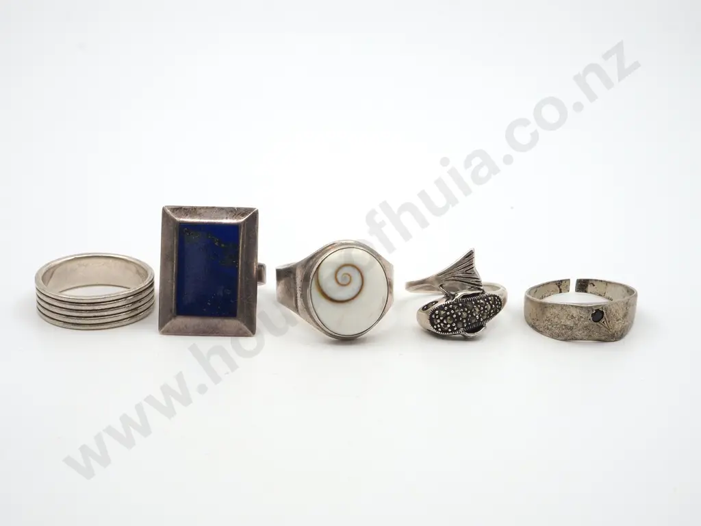 Five Sterling Silver Rings. One large Rectangular Inset with Lapus Lazuli Image 1++