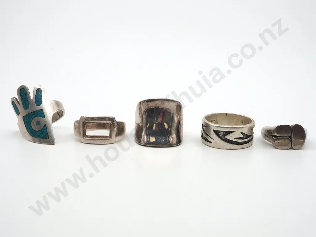 Four  Sterling Silver Rings & Another. One with Turquoise Enamel in the Form of a Stylised Fish Image 1++