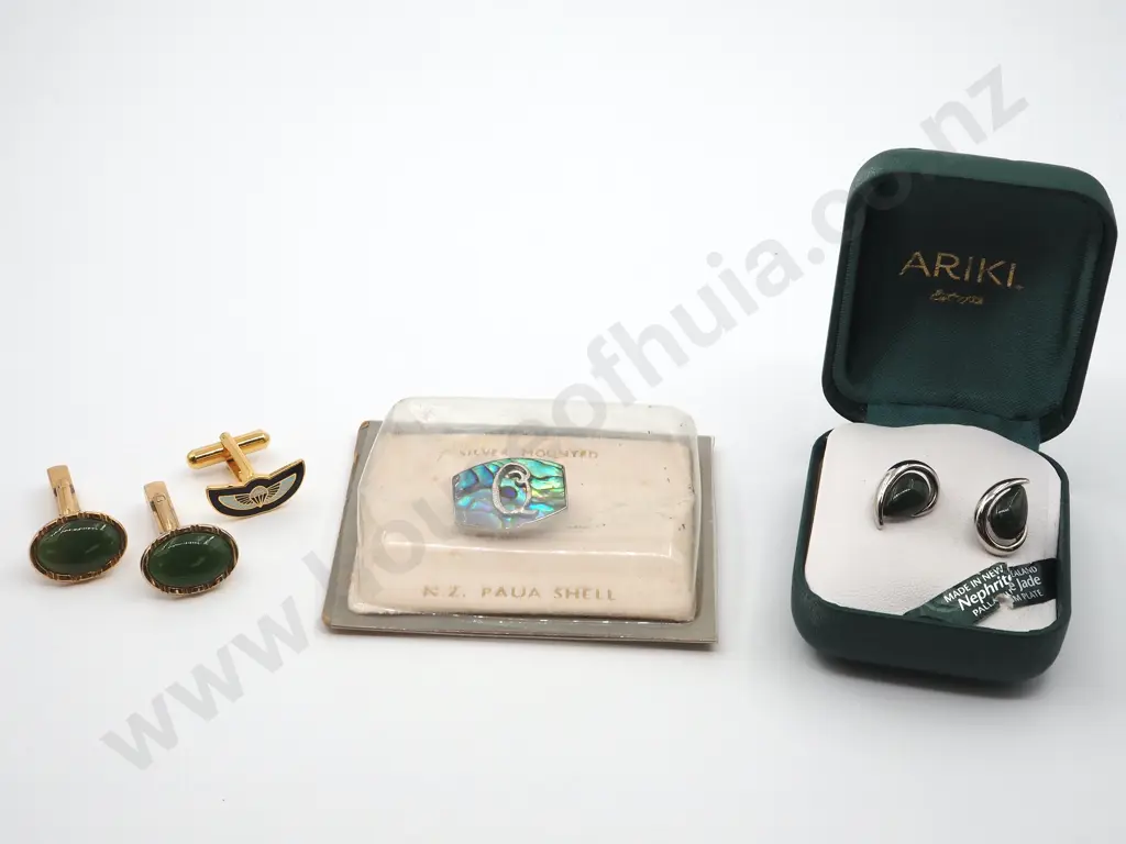 Greenstone & Gold Plate Cufflinks, Greenstone & Silver Earrings &  Paua Shell Brooch Image 1++