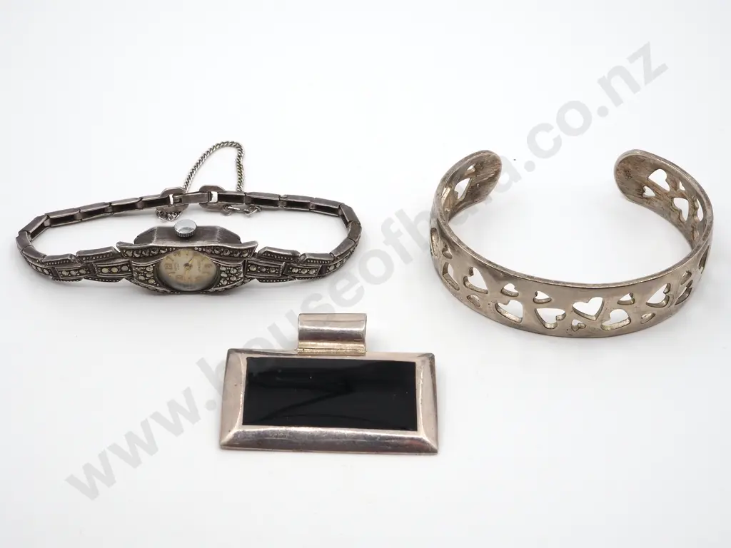 Sterling Silver Cuff Bracelet with Heart Shaped Piercing, Rectangular Silver and Black Pendant & a Marcasite Watch  Image 1++