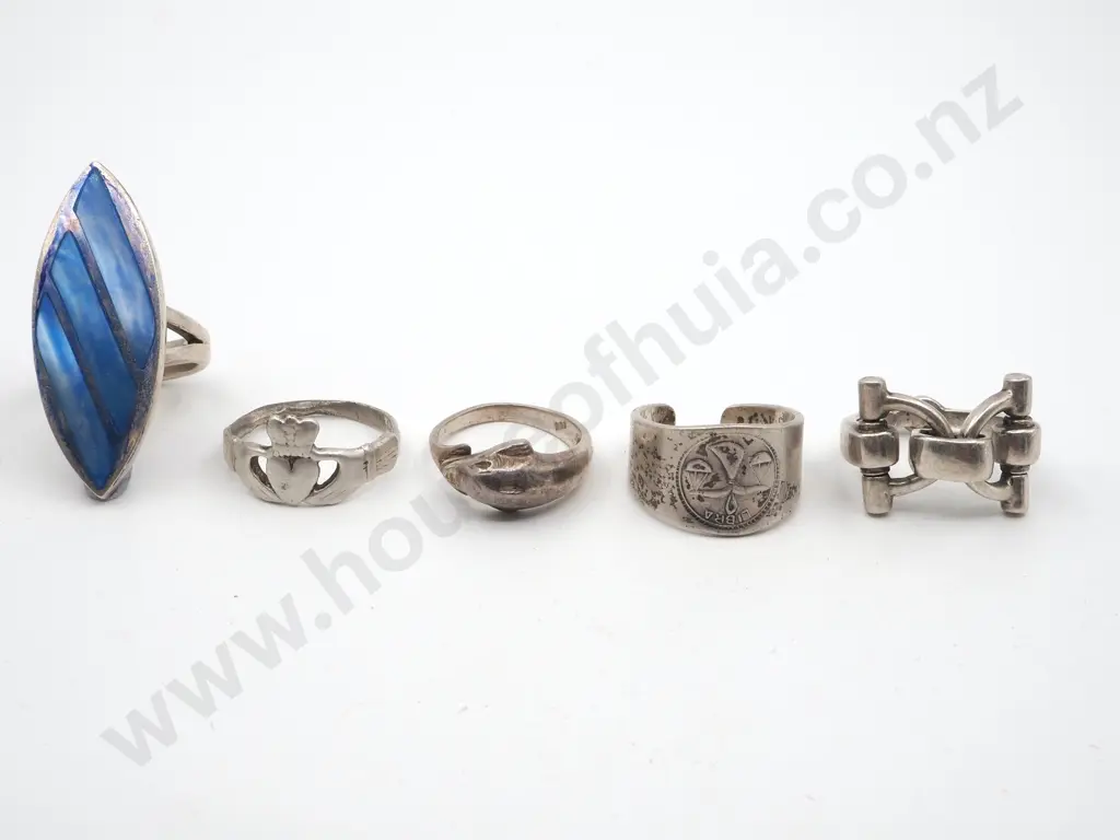 Five Sterling Silver Rings - Blue Accent Ring;  Claddagh Ring; Dolphin Ring, Silver Adjustable Ring; Hose Bit Ring Image 1++