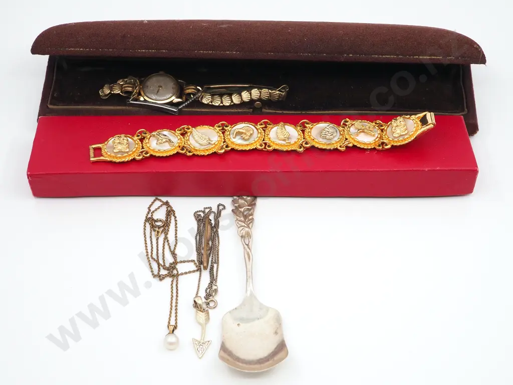Mother of Pearl Gilt Bracelet with NZ Icons, Sterling Silver Jam Spoon, Sterling Silver Arrow Pendant Inset with Stones, Image 1++