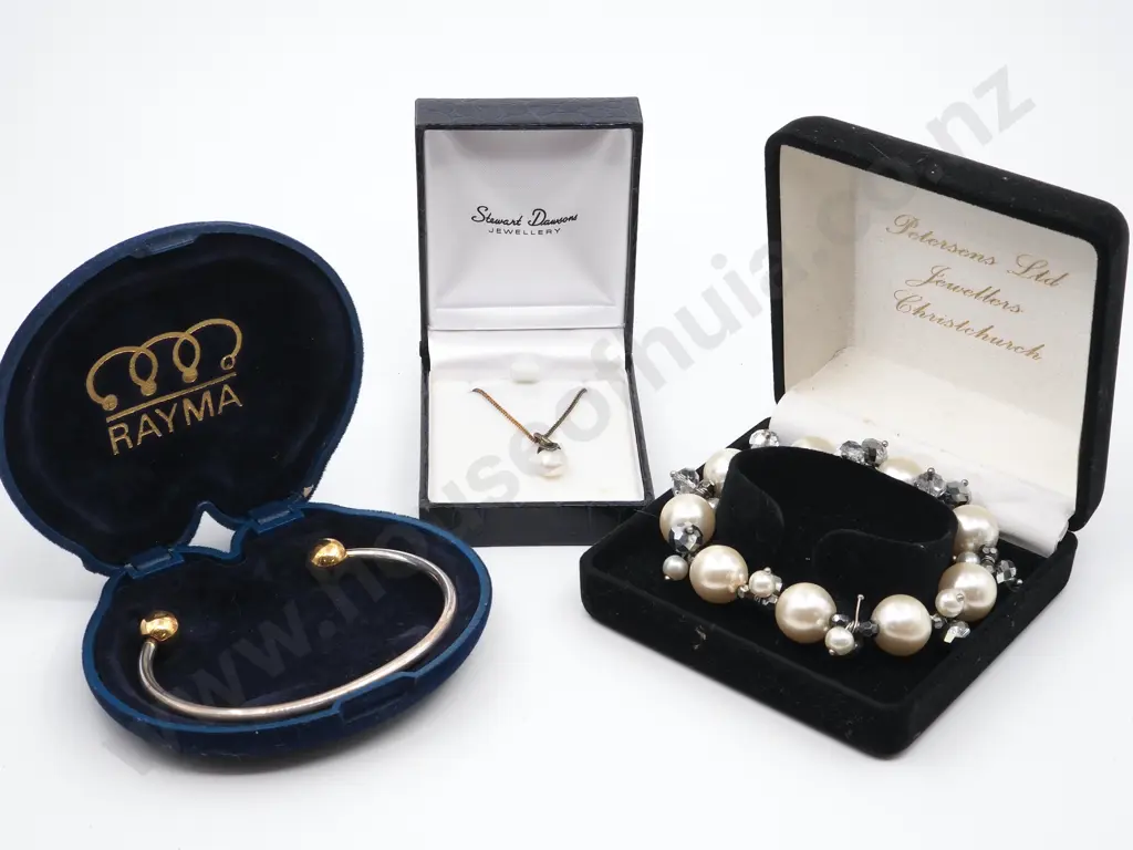 Pearl Bracelet, Rayma Silver Bangle and a Single Pearl Necklace in Boxes  Image 1++