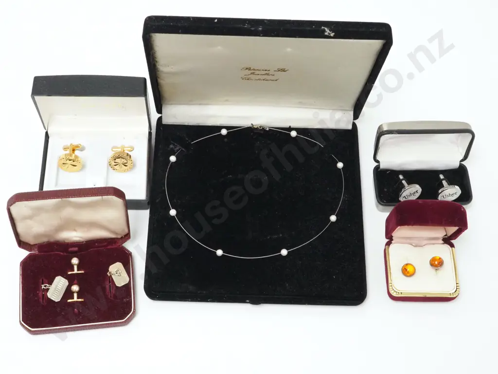 Sterling Silver & Pearl Choker, Engine Turned Cufflinks & Collar Studs, Amber Earrings  Image 1++