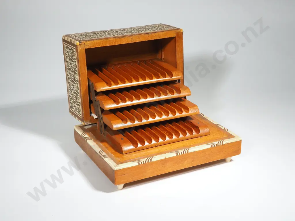 Vintage Inlaid Wooden Music Box Cigarette Dispenser  Image 1++
