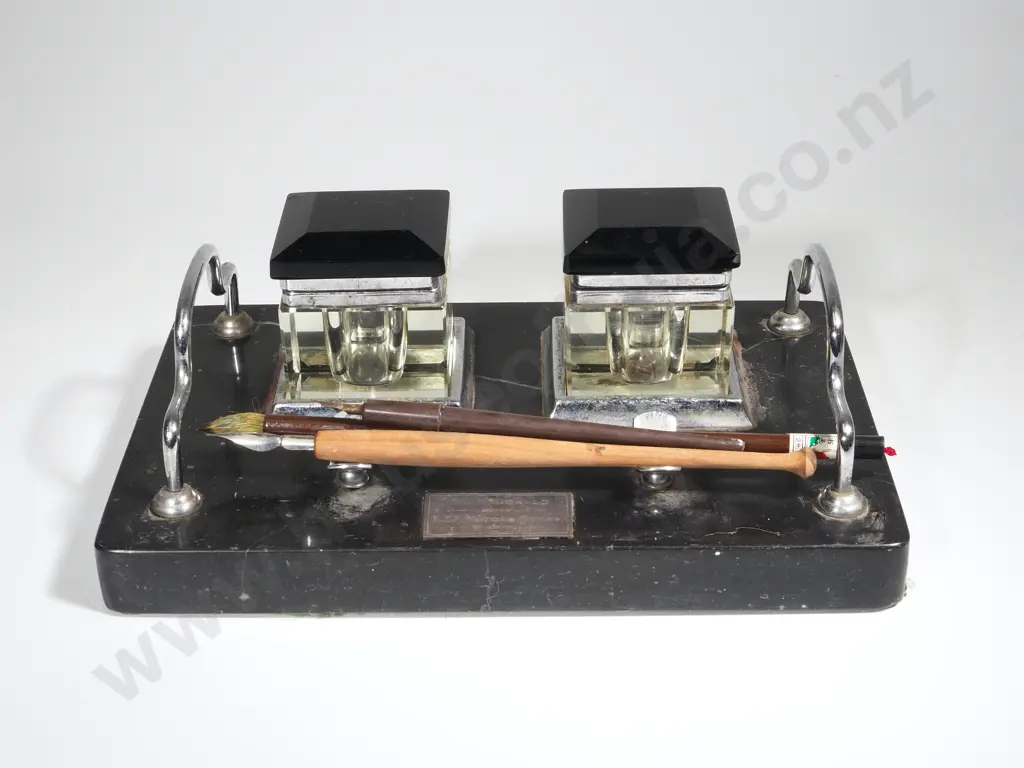 Art Deco Desk Set - Chrome &  Black Glass Ink Wells l  On Black Marble Stand w Sterling Silver Presentation Plaque Image 1++
