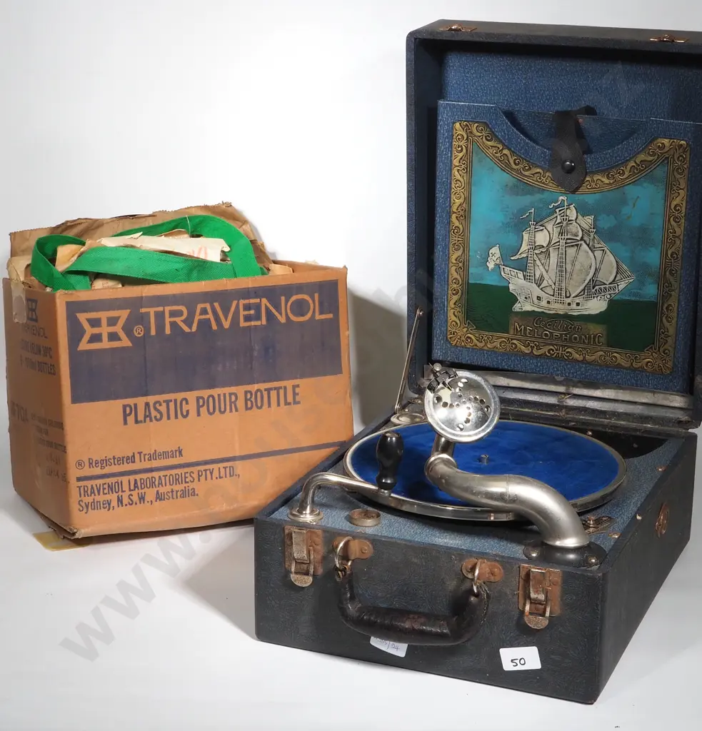 Portable Record Player and Box of Assorted Records  Image 1++