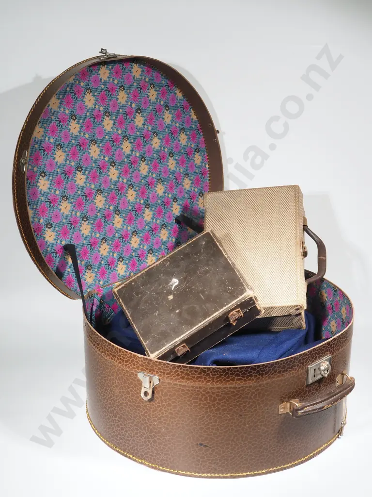 Hat Box Containing Two Vintage Childs Satchels, Rugby Boots & Crested Blazer Image 1++