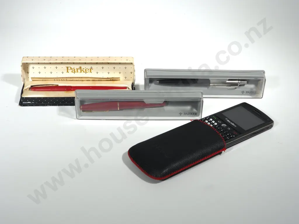 Two Boxed Parker Fountain Pens, A  Parker Pen, & An Early Blackberry Mobile Phone Image 1++