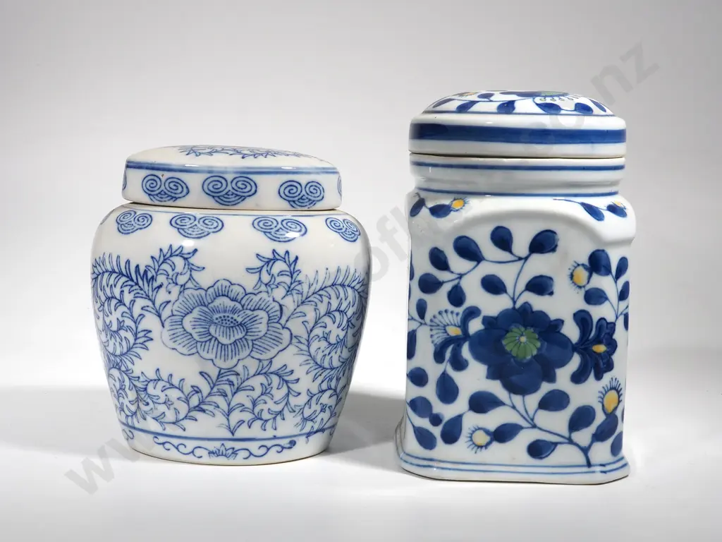 Two Lidded Blue & White Lidded Canisters Image 1++