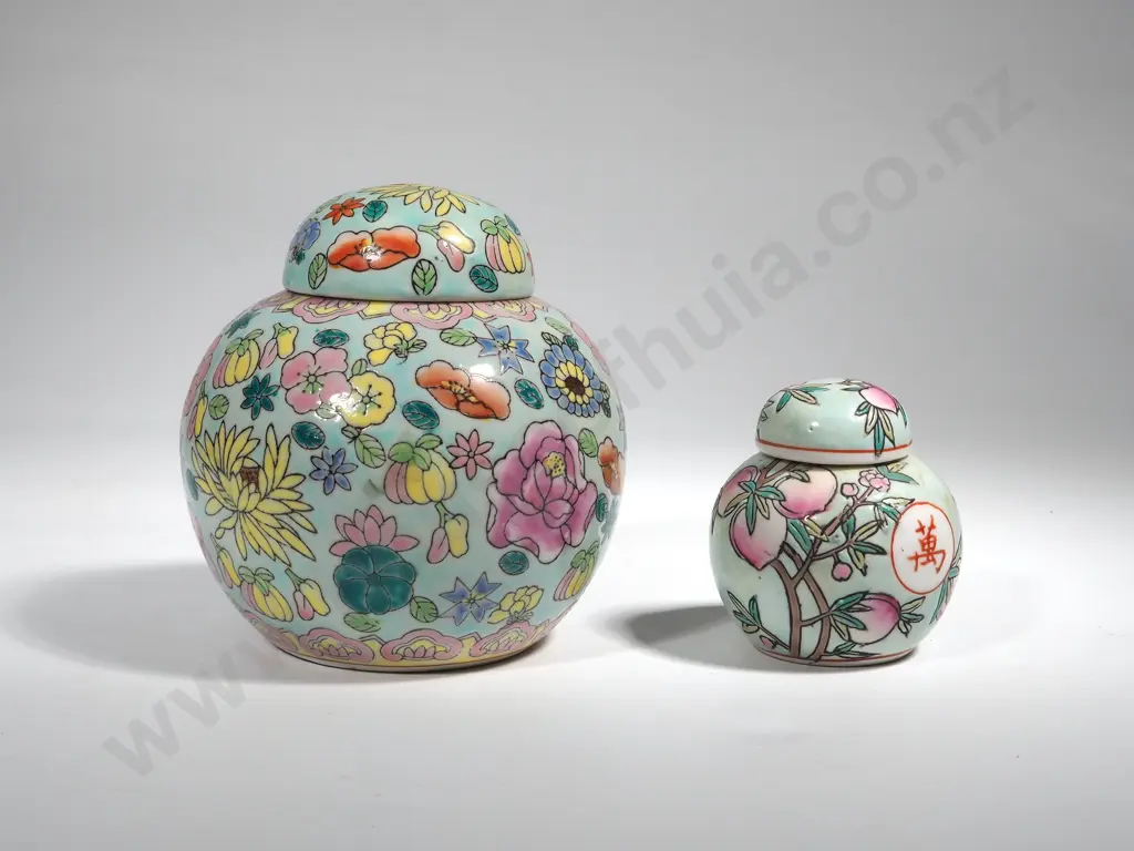 Two Oriental Lidded Ginger Jars w Enamel Glaze Image 1++