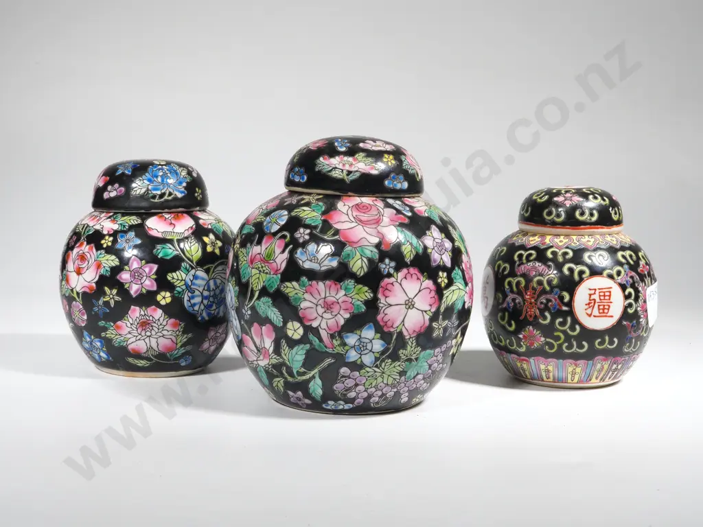 Three Lidded Oriental Design Ginger Jars w Black Ground Image 1++