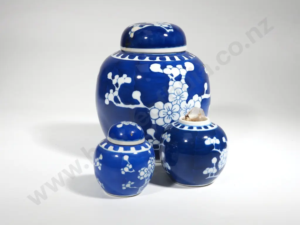 Three Oriental Lidded Ginger Jars w Apple Blossom Decoration (one without lid) Image 1++