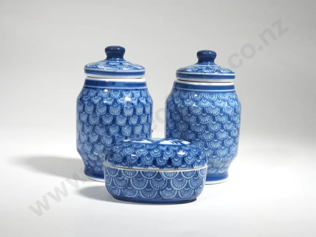 Three Blue & White Lidded Fish Scale Jars Image 1++