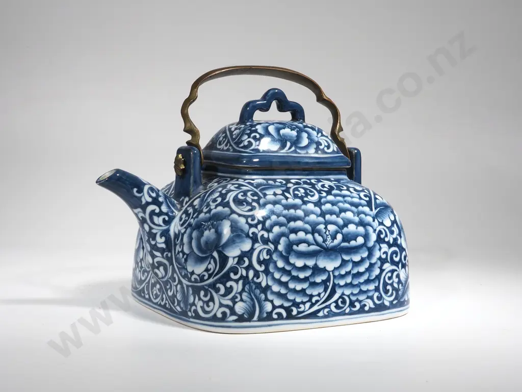 Blue & White Handpainted Teapot With Brass Handle  Image 1++