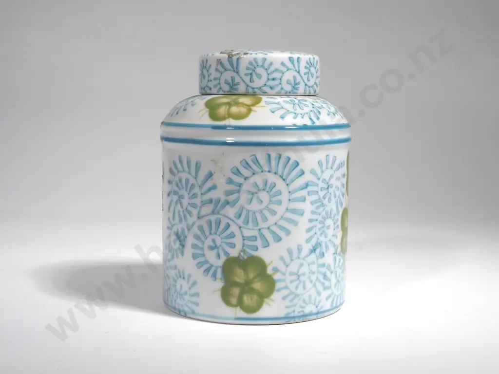 Oriental Lidded Jar w Green Floral Decoration Image 1++