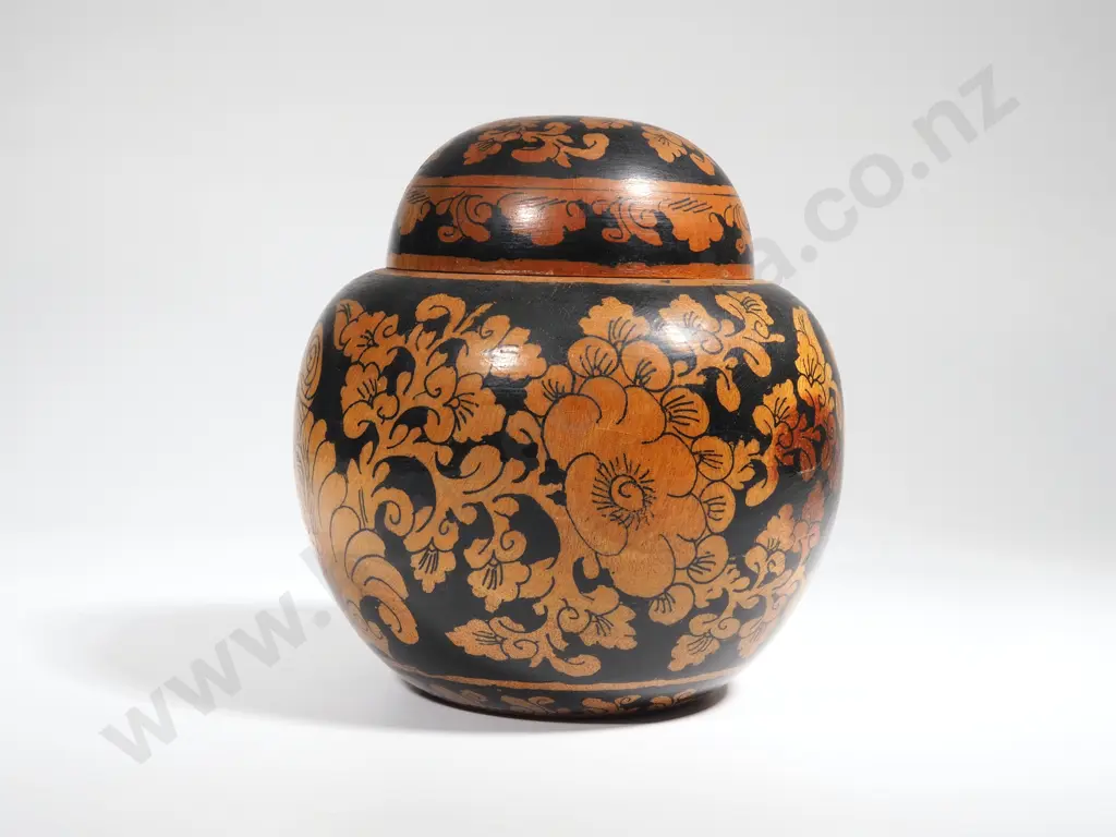 Wooden Brown & Black Ginger Jar W Apple Blossom Image 1++