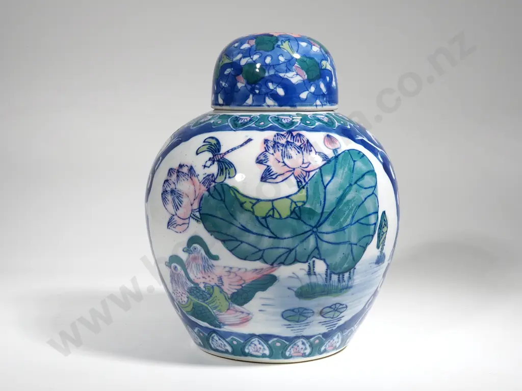 Large Blue & White Ginger Jar with PInk & Green Accents  Image 1++