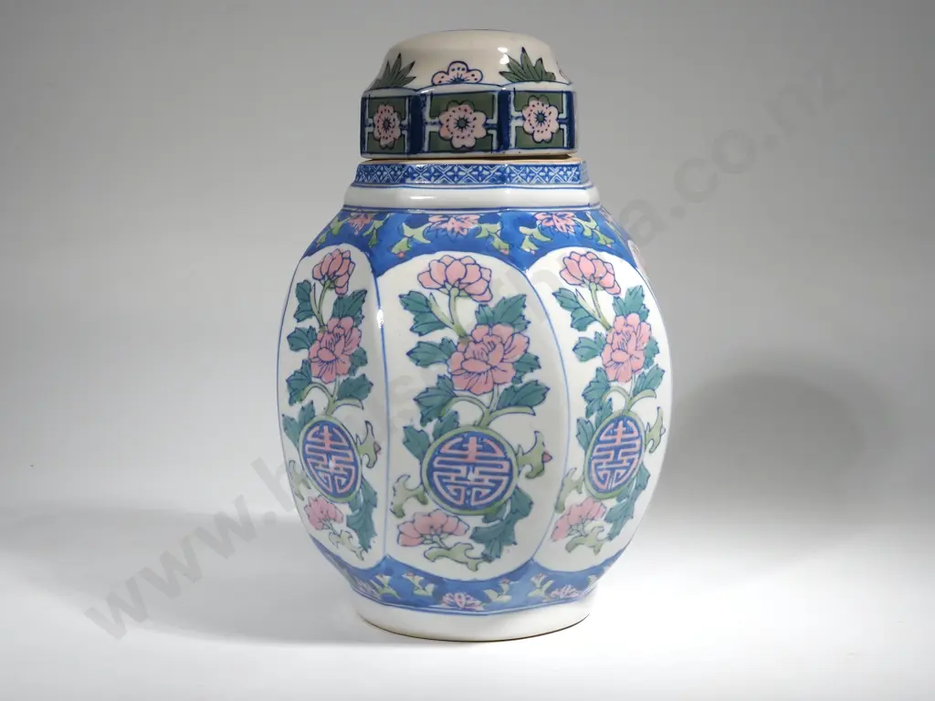 Large Octagonal Shaped Ginger Jar in Blues Whites & Greens Image 1++